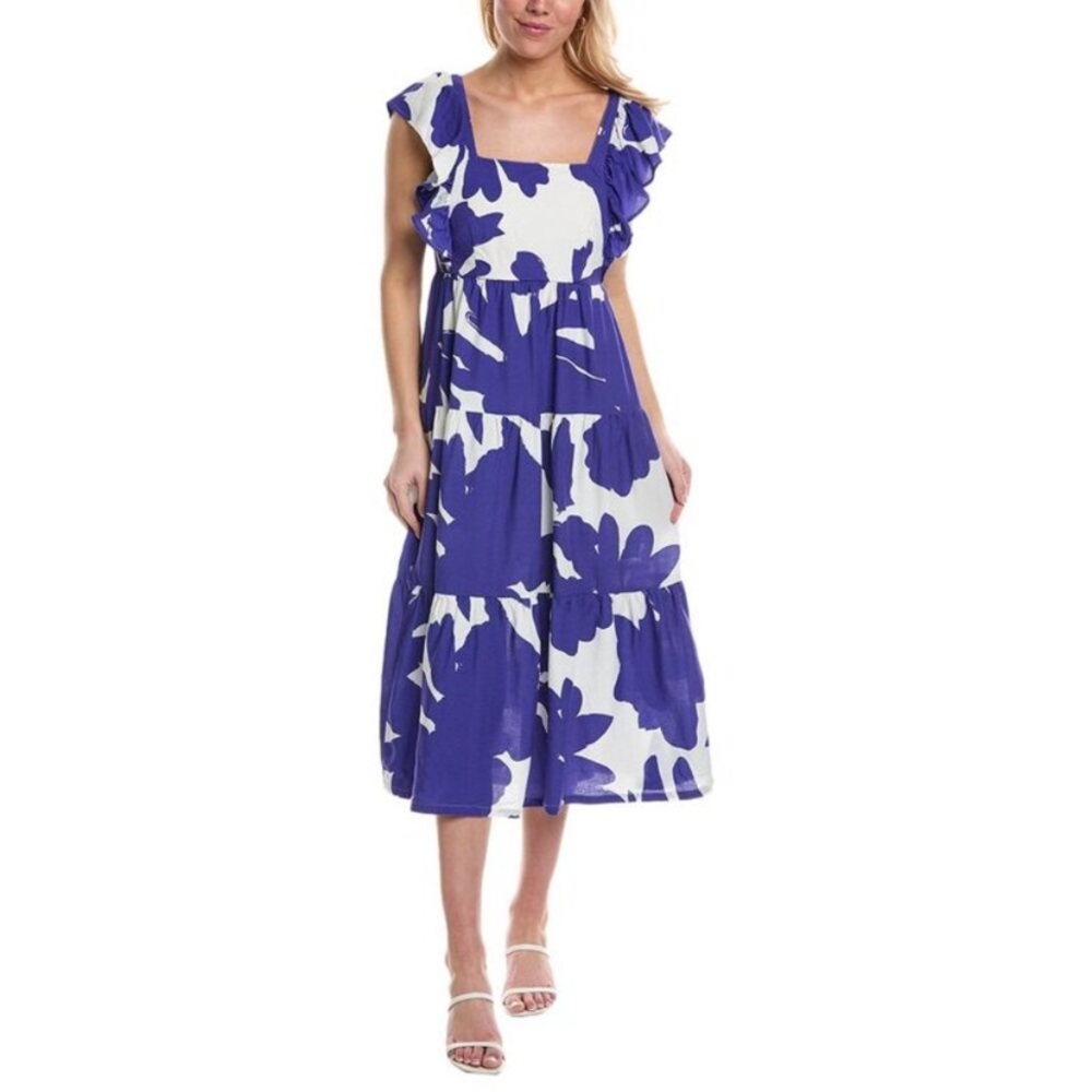 CROSBY by Mollie Burch Eloise Tie Linen-Blend Midi Dress Aegean Bloom Size XS